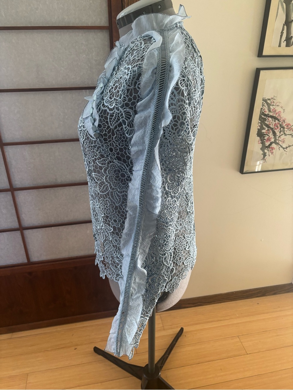 VGUC Self-Portrait Pale Blue Floral Lace Blouse with Organza Ruffles US 8/10 - Picture 4 of 13